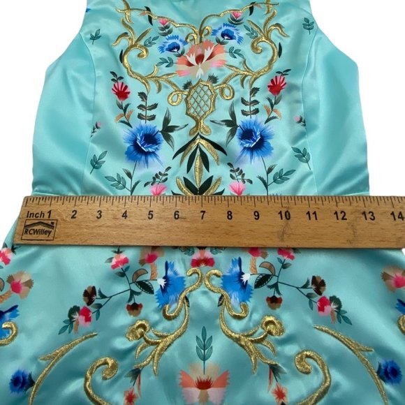 NWOT Sky Blue Embroidered Floral A-line Sleeveless Satin Sundress size Small - Picture 5 of 9